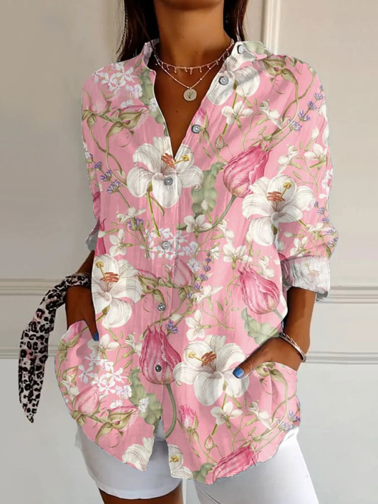 Women'S Elegant Lily Rose Art Print Casual Linen V-Neck Shirt