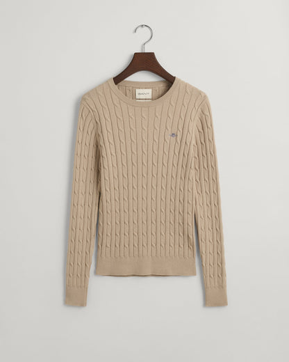 Women's Stretch Cotton Cable Knit Crew Neck Sweater - DRY SAND
