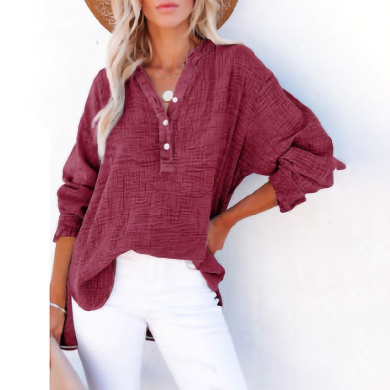 🔥Best-1 Tops 2025🔥Women Casual Button V Neck Long Sleeve Shirts Oversized Solid Blouses Tops