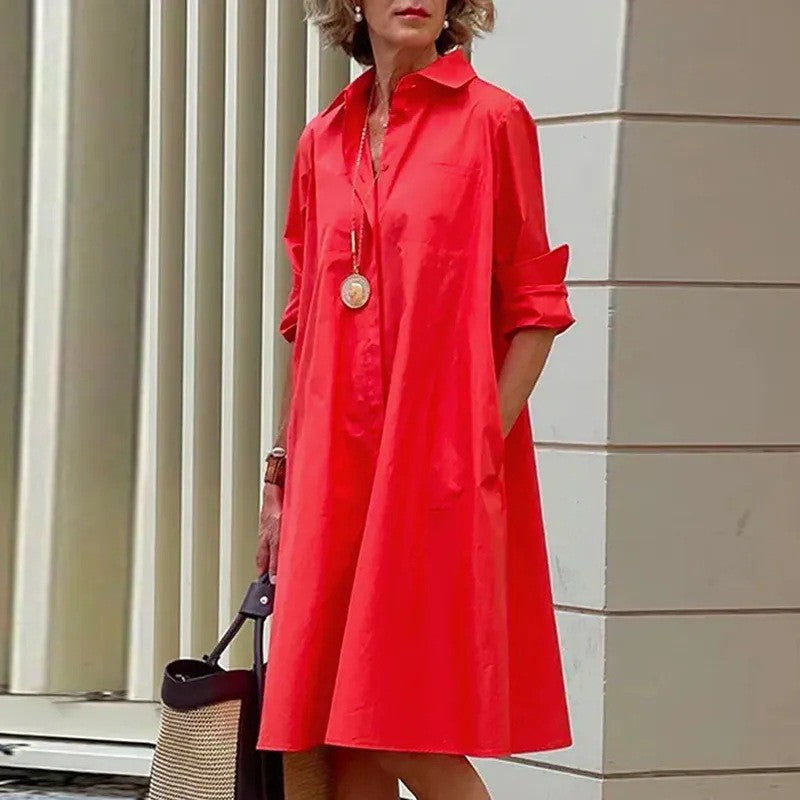Women Summer 2025 New Type Fashion Temperament Shirt Collar Long Sleeve Pocket Mid-Length Dress
