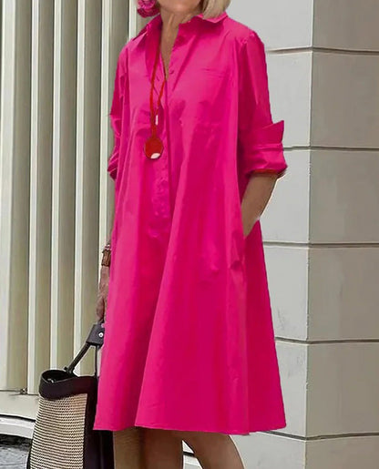 Women Summer 2025 New Type Fashion Temperament Shirt Collar Long Sleeve Pocket Mid-Length Dress