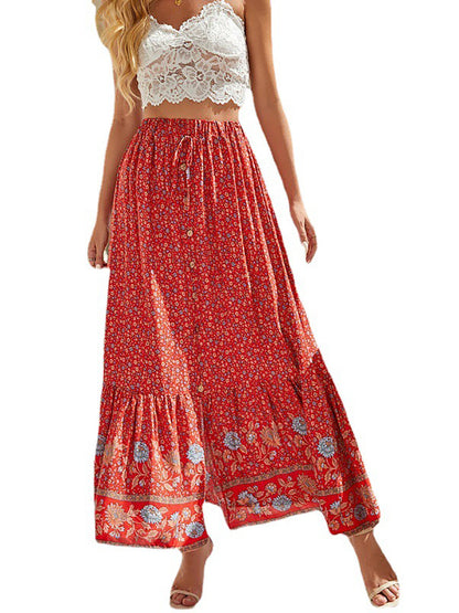 Women's Summer 2025 Boho Floral Elastic High Waist Midi Skirts