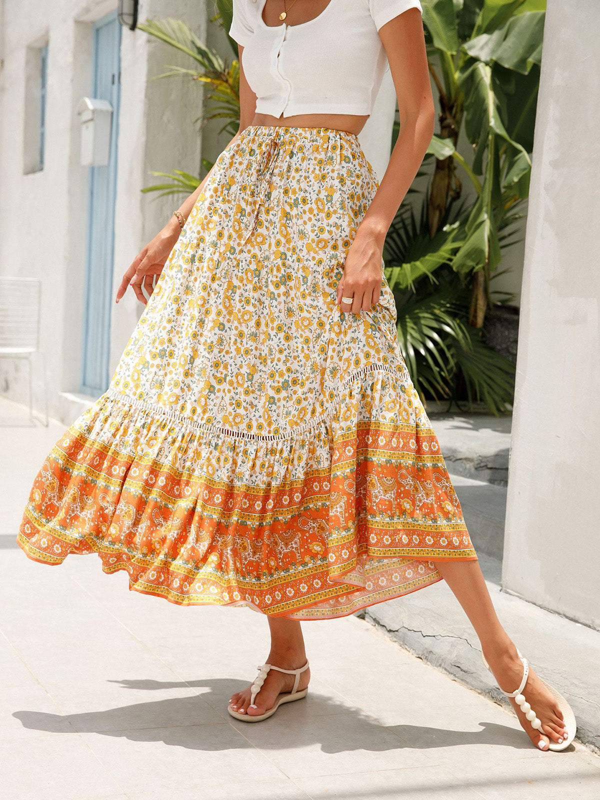 🔥Up to 69% OFF Today🔥Women's Summer Beach Pleated A-Line Boho Floral Elastic High Waist Maxi Skirts