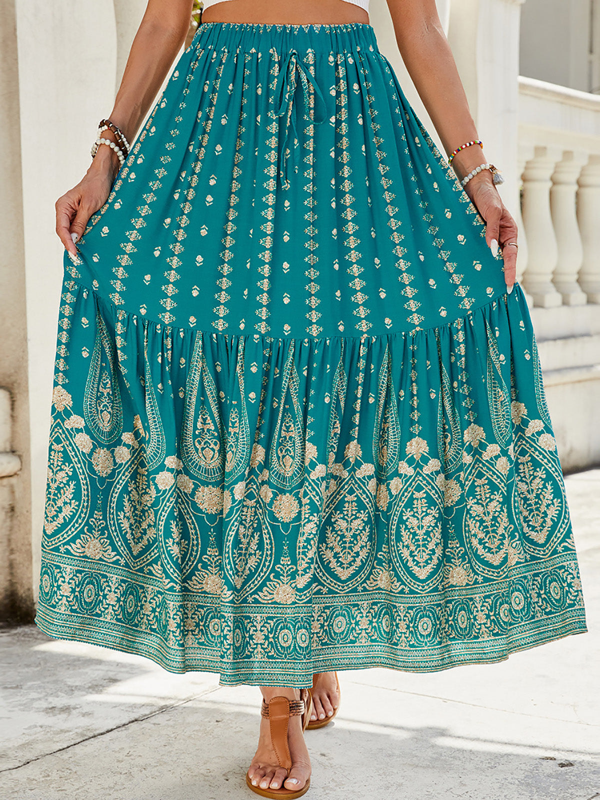 🔥Up to 69% OFF Today🔥Women's Summer Beach Pleated A-Line Boho Floral Elastic High Waist Maxi Skirts