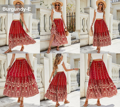 Women's Summer 2025 Boho Floral High Waist Midi Skirts
