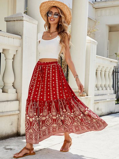Women's Summer 2025 Boho Floral High Waist Midi Skirts