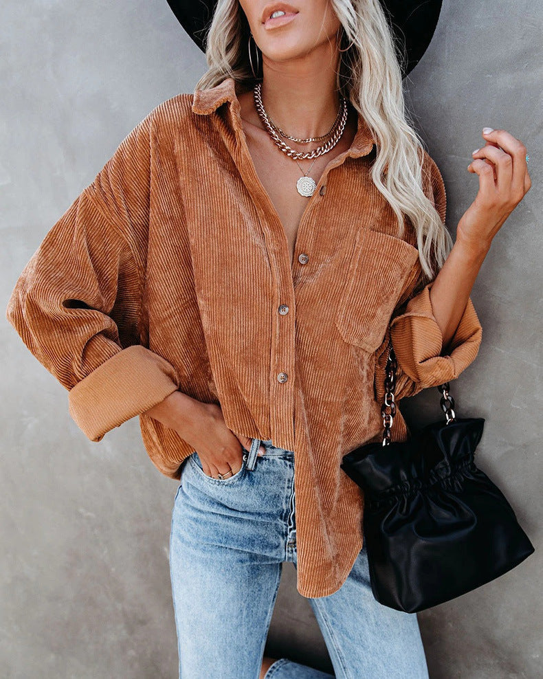 Women Fall/Winter Vintage Casual Velvet Shirt Long Sleeve Blouse