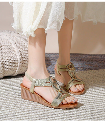 Comfortable Bohemian Fashion Rhinestone Platform Wedge Sandals